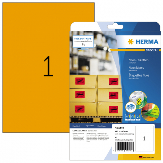 HERMA Etikett 5149 210x297mm neonorange 20 St./Pack., - HER5149