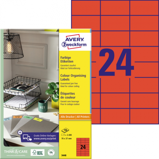 Avery Zweckform Universaletikett 3448 70x37mm rot 2.400 St./Pack., - ZWE3448