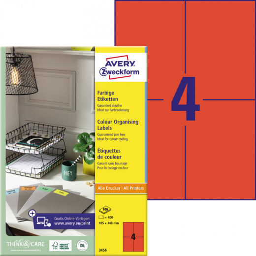 Avery Zweckform Universaletikett 3456 105x148mm rot 400 St./Pack., - ZWE3456