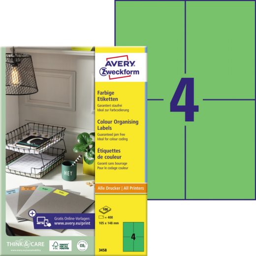 Avery Zweckform Universaletikett 3458 105x148mm grün 400 St./Pack., - ZWE3458