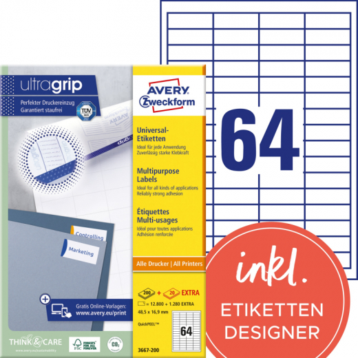 Avery Zweckform Etikett 3667-200 48,5x16,9mm weiß 14.080 St./Pack., - ZWE3667200