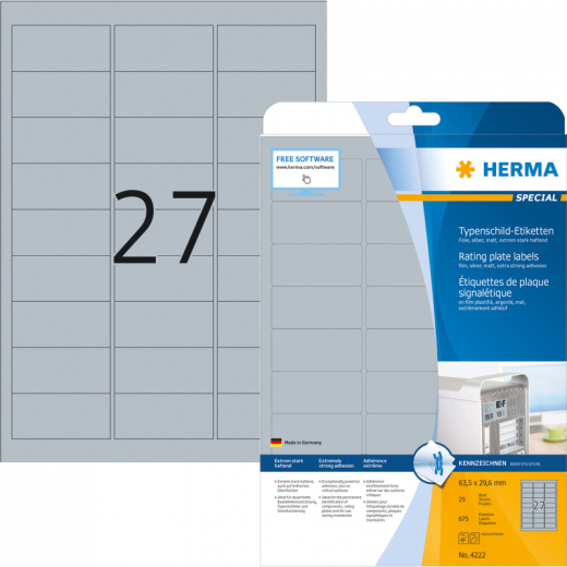 HERMA Typenschildetikett 4222 63,5x29,6 mm silber 675 St./Pack., - HER4222