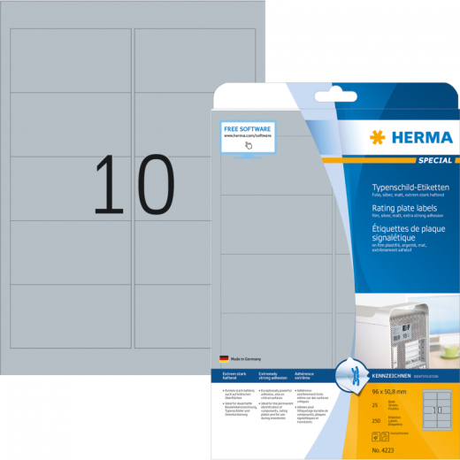 HERMA Etikett Typenschild 4223 96x50,8mm silber 250 St./Pack., - HER4223