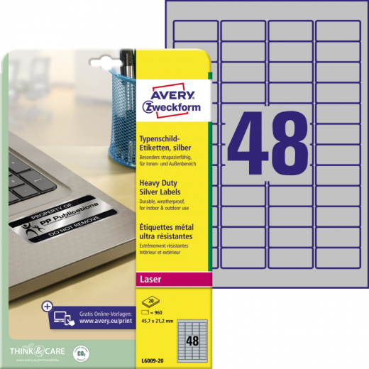 Avery Zweckform Typenschildetikett L6009-20 45,7x21,2mm 960 St./Pack., - ZWEL600920