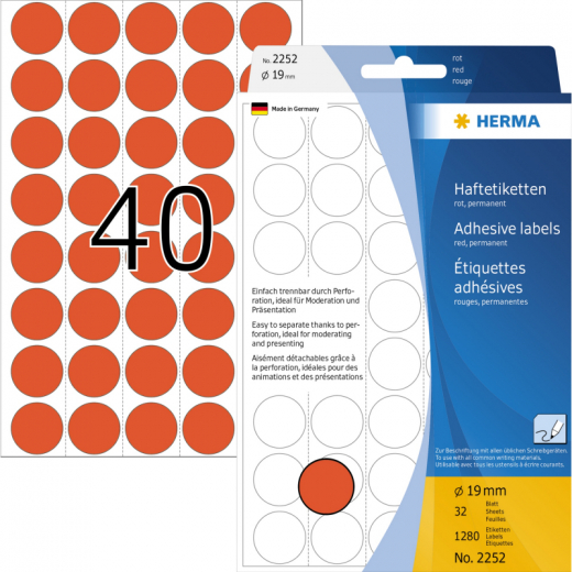 HERMA Markierungspunkt 2252 19mm Papier rot 1.280 St./Pack., - HER2252