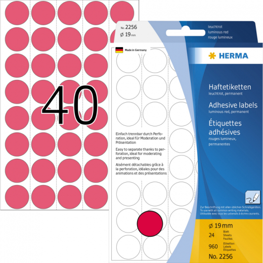 HERMA Markierungspunkt 2256 19mm leuchtrot 960 St./Pack., - HER2256