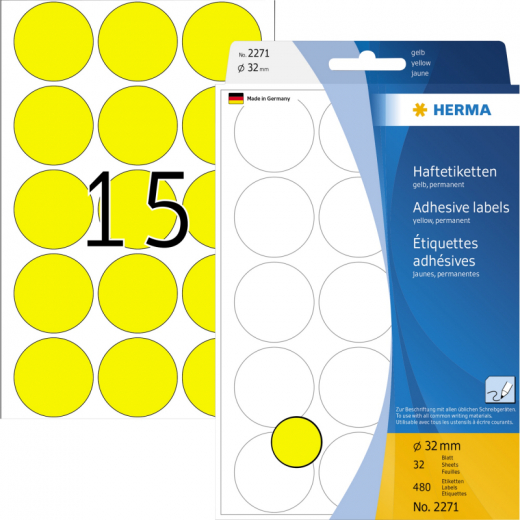 HERMA Markierungspunkt 2271 32mm gelb 480 St./Pack., - HER2271