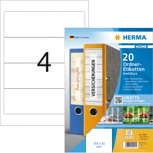 HERMA Ordneretikett 12901 192x61mm ablösbar weiß 20 St./Pack., - 324789