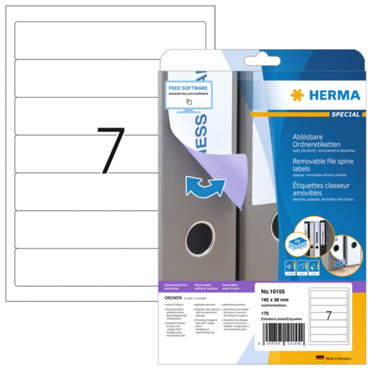 HERMA Ordneretikett Special 10155 192x38mm sk ablösbar ws 175 St., - HER10155