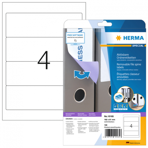 HERMA Ordneretikett 10165 192x61mm sk ablösbar ws 100 St., - HER10165