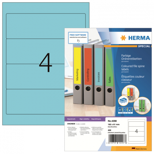 HERMA Etikett 4298 192x61mm breit blau 400 St./Pack., - HER4298