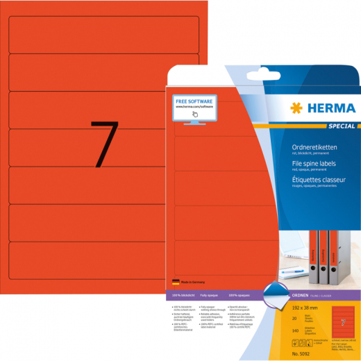 HERMA Ordneretikett 5092 kurz/schmal sk rot 140 St./Pack., - HER5092