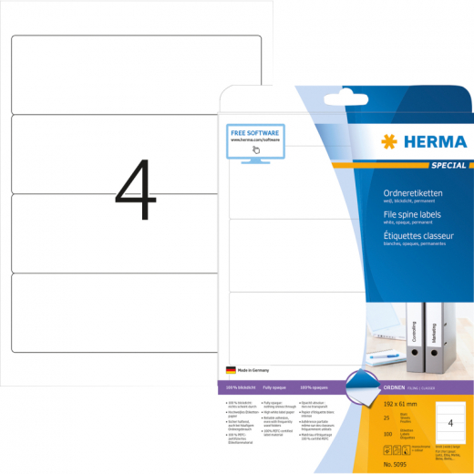 HERMA Ordneretikett 5095 192x61mm sk weiß 100 St./Pack., - HER5095