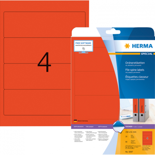 HERMA Ordneretikett 5097 192x61mm sk rot 80 St./Pack.,