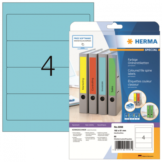 HERMA Ordneretikett 5098 192x61mm sk blau 80 St./Pack., - HER5098