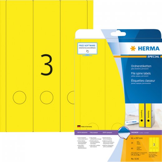 HERMA Ordneretikett 5136 61x297mm gelb 60 St.Pack., - HER5136