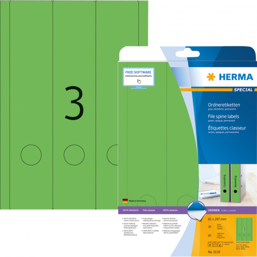 HERMA Ordneretikett 5139 61x297mm grün 60 St.Pack., - HER5139