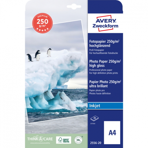 Avery Zweckform Fotopapier Premium 2556-20 DIN A4 250g ws 20 Bl./Pack., - 544088