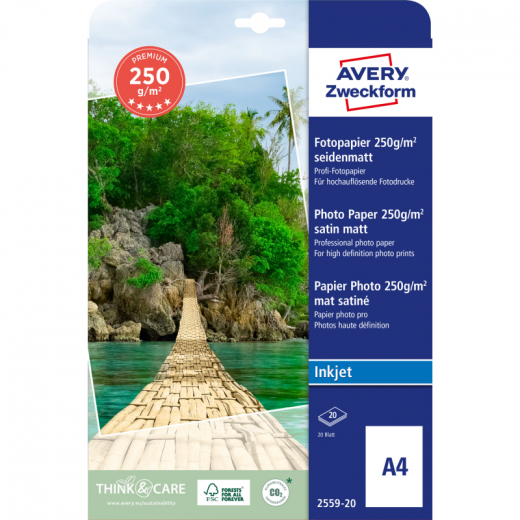 Avery Zweckform Fotopapier Premium 2559-20 DIN A4 250g ws 20 Bl./Pack., - 544095