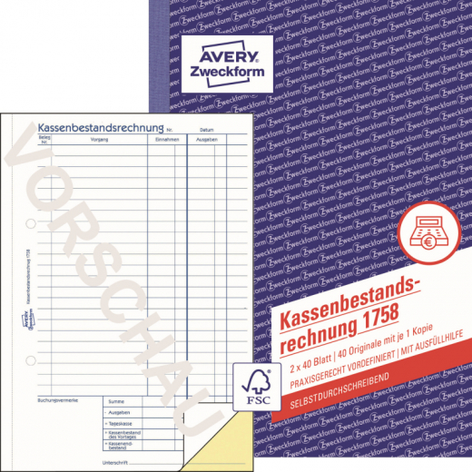 Avery Zweckform Kassenabrechnung 1758 DIN A5 SD 2x40Bl., - 263392