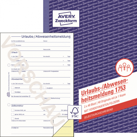 Avery Zweckform Urlaubsantrag 1753 DIN A5 sd 2x40Bl., - 263384