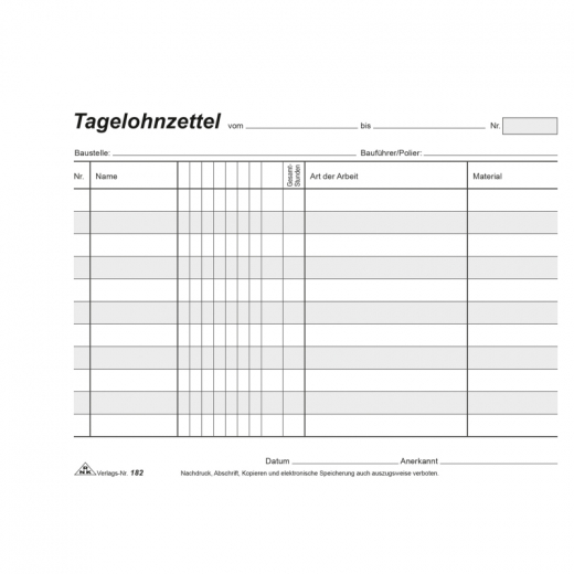 RNK Tagelohnblock 182 DIN A5 quer SD 3x40Bl., - 33612666