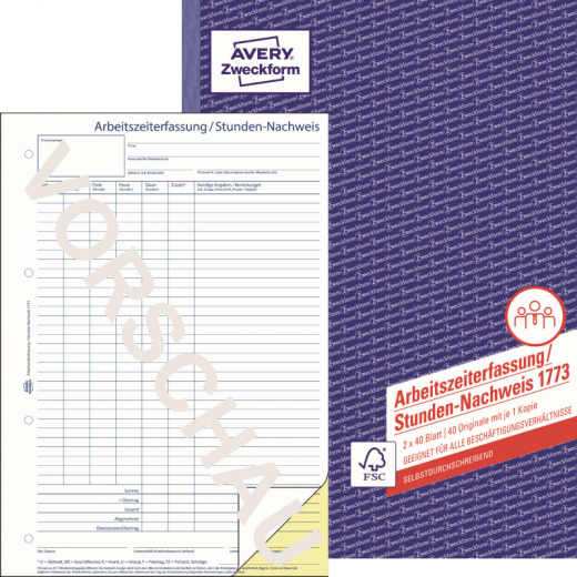 Avery Zweckform Stundennachweis 1773 DIN A4 2x40Blatt, - 7201773