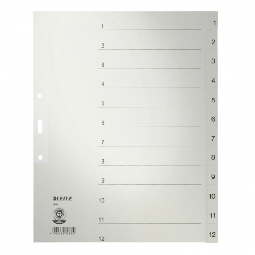 Leitz Register 12330085 DIN A4 1-12 volle Höhe Papier grau, - LEI1233