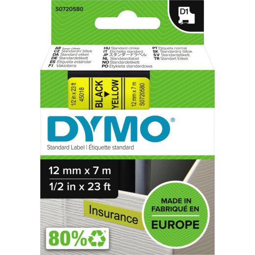 DYMO Schriftbandkassette D1 S0720580 12mmx7m sw auf ge, - DYMS0720580