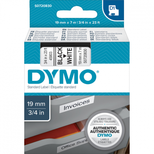 DYMO Schriftbandkassette D1 S0720830 19mmx7m sw auf ws, - DYMS0720830