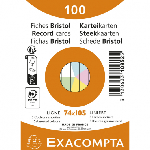 Exacompta Karteikarte 10852E A7 liniert sort. 100St.,