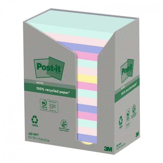 Post-it Haftnotiz Recycling  655-1RPT 127x76mm sort 16x100Bl, - 111009699