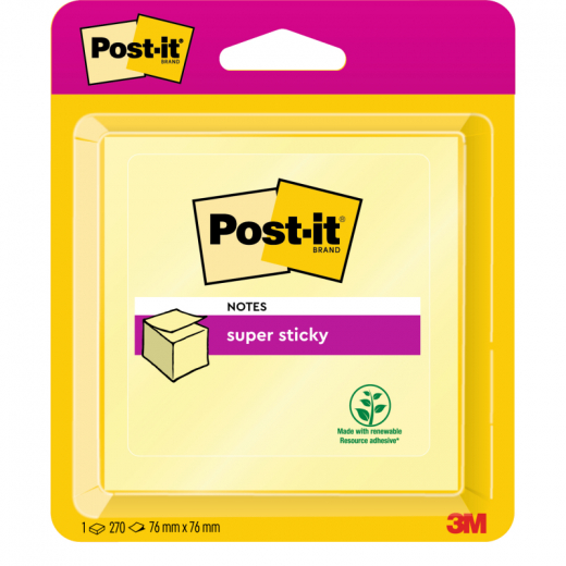 Post-it Haftnotiz Super Sticky  Würfel 76x76mm ge 270Bl, - 111213310