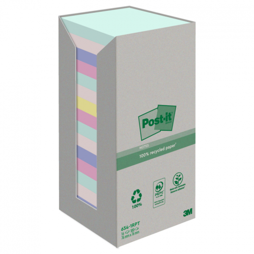 Post-it Haftnotiz Recycling  654-1RPT 76x76mm sort 16x100Bl,