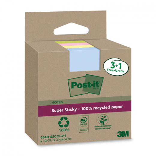 Post-it Haftnotiz Super Sticky 654 RSSCOL 3+1F 76x76mm 70Bl sort 4St, - 481603