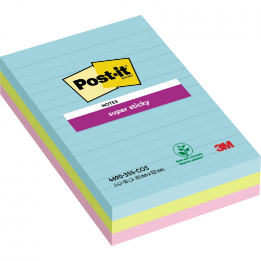 Post-it Haftnotiz Super Sticky  4690-3SS-COS 101x152mm sort 3x90Bl, - MMM4690S3MI