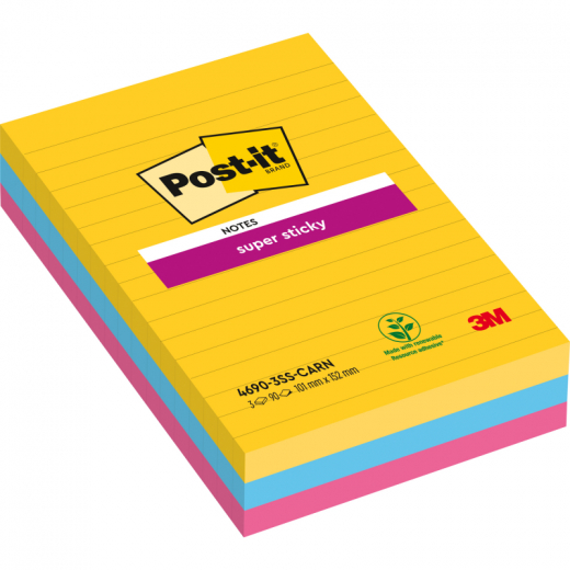 Post-it Haftnotiz Super Sticky  Notes 4690-3SS-CARN 101x152mm lin, - MMM4690S3R