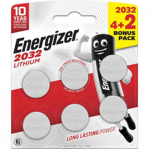 Energizer Knopfzelle 2032 E303945700 Lithium 4+2St., - 190026700