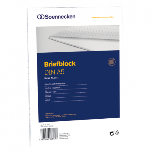 Soennecken Briefblock 2311 DIN A5 70g liniert 50Blatt weiß,