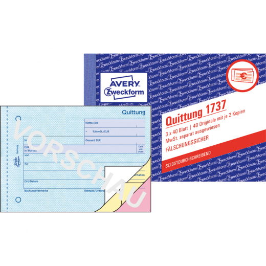 Avery Zweckform Quittung 1737 DI A6 mit MwSt SD 3x40Blatt, - 832511