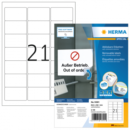 HERMA Etikett 10301 63,5x38,1mm ablösbar ws 2.100 St., - HER10301