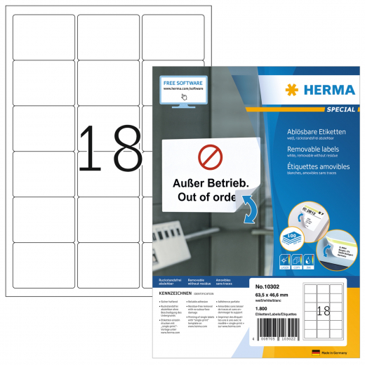 HERMA Haftetikett 10302 63,5x46,6 mm weiß 1.800 St./Pack., - HER10302