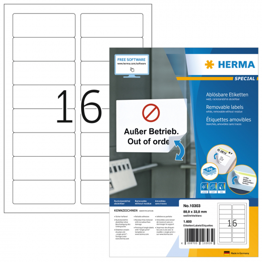 HERMA Haftetikett 10303 88,9x33,8mm weiß 1.600 St./Pack., - HER10303