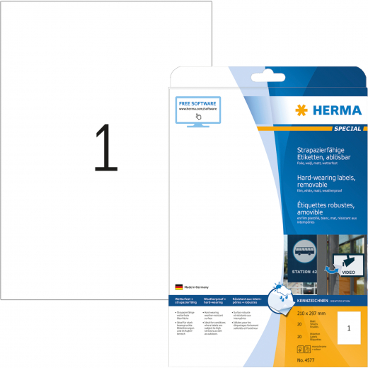 HERMA Folienetikett 4577 210x297mm weiß 20 St./Pack., - HER4577