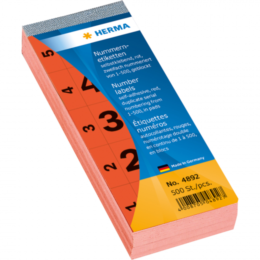 HERMA Nummernblock 4892 1-500 sk 28x56mm rot 500 St./Pack., - HER4892