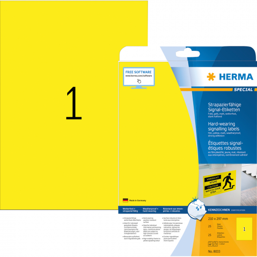 HERMA Folienetikett 8033 210x297mm gelb 25 St./Pack., - HER8033