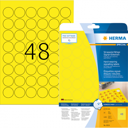 HERMA Folienetikett 8034 30mm rund gelb 1.200 St./Pack., - HER8034